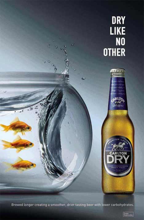 Water in fishbowl repelled by Carlton Dry beer