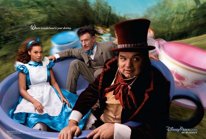 Beyonce in Disney Mad Hatters Tea Party print ad