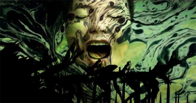 Bjork and animated dancers in Earth Intruders music video