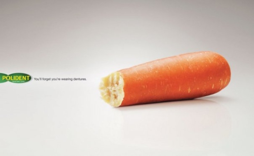 Polident carrot print advertisement from Malaysia