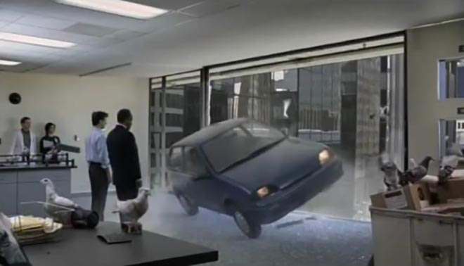 Car smashes through window in Fedex Carrier Pigeon TV ad