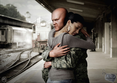 Soldier farewells woman in Medal of Honor print ad