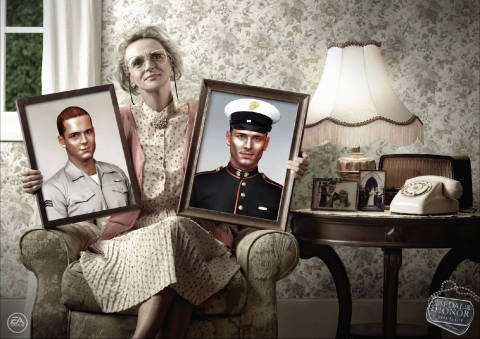 Woman with photos of sons in Medal of Honor print ad