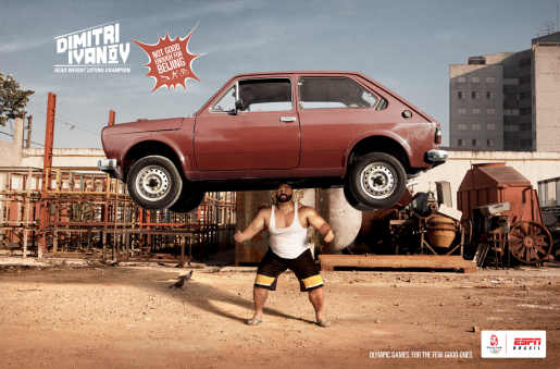 Dimitri Ivanov lifts car in ESPN Sport print advertisement