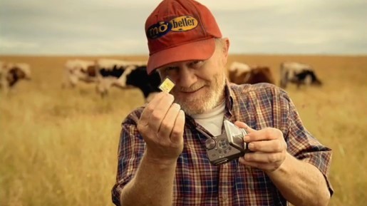 Farmer with camcorder SD card in Panasonic television commercial