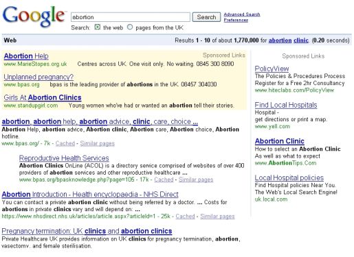 Google Adword advertising relating to Abortion Clinics in the UK