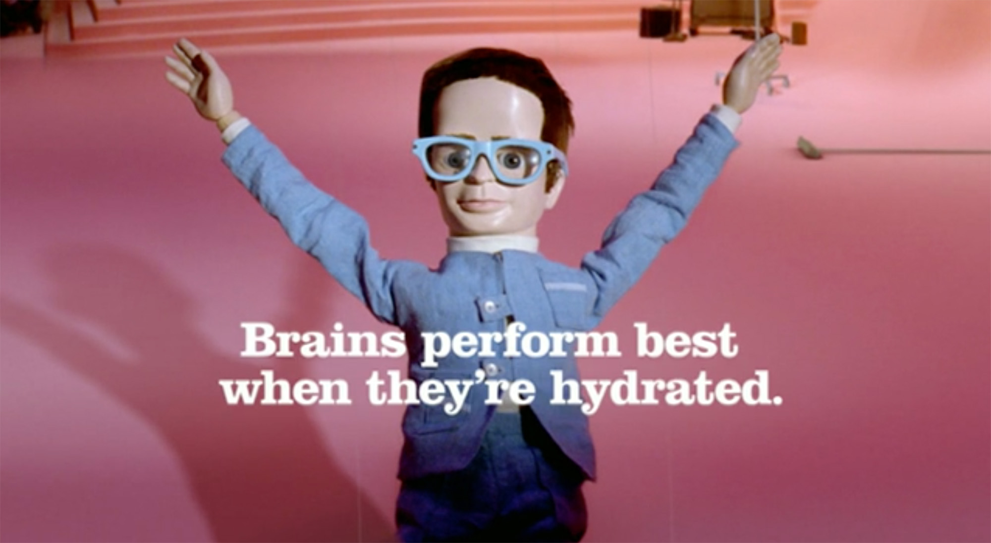 Brains dances in Drench ad. Brains perform best on when they're hydrated